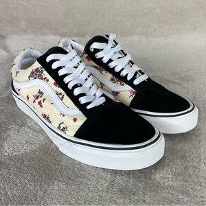 Vans Old Skool Shoes Womens Size 8 Off White Floral Canvas Suede Sneakers NEW
